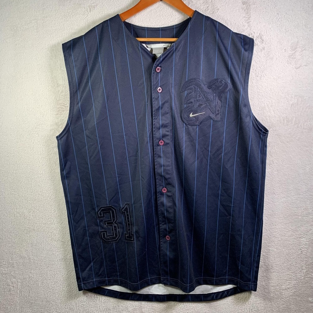 Vintage Nike Baseball Jersey Mens 2XL Blue Sleeveless Button Pinstripe Swoosh 31